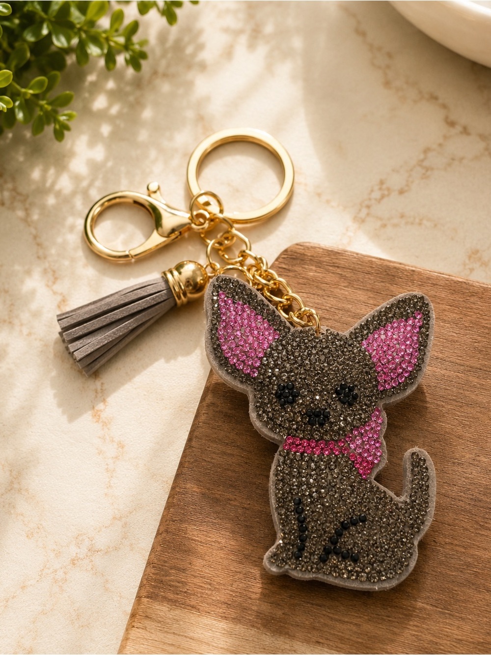 Chihuahua Crystal Keychain Bag Charm - Pink Accent